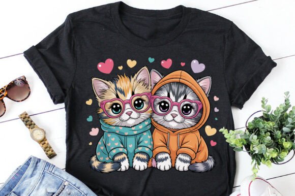 Whimsical Valentine Cats Clipart: Graphics for T-Shirt Designs